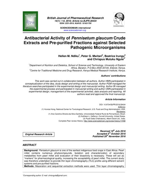 PDF Antibacterial Activity Of Pennisetum Glaucum Crude Extracts And