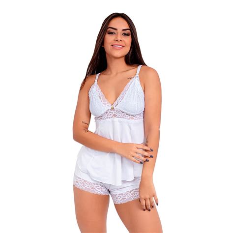 Pijama Short Doll Baby Doll Imi Lingerie Microfibra E Renda Hope Branco