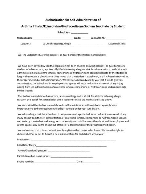 Fillable Online Asthma Inhaler Epinephrine Authorization Form Fax