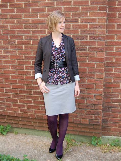 Dark Purple Floral And A Gray Pencil Skirt With Dark Purple Tights For Work Modest Dresses