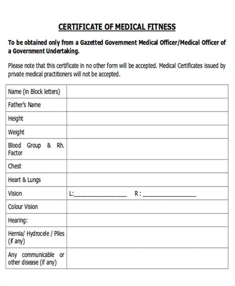 Medical Fitness Certificate Form 1 A