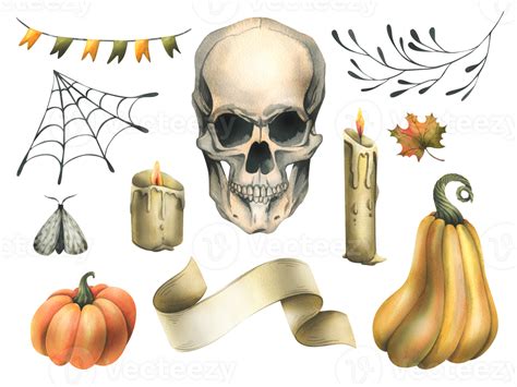 Human Skull With Orange Pumpkins Cobweb Flags Candles And Branches