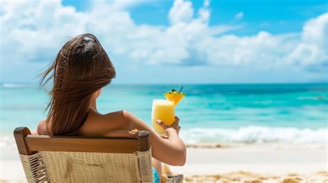 Relaxing Beach Scene With Woman Enjoying Pia Colada Premium Ai Generated Image