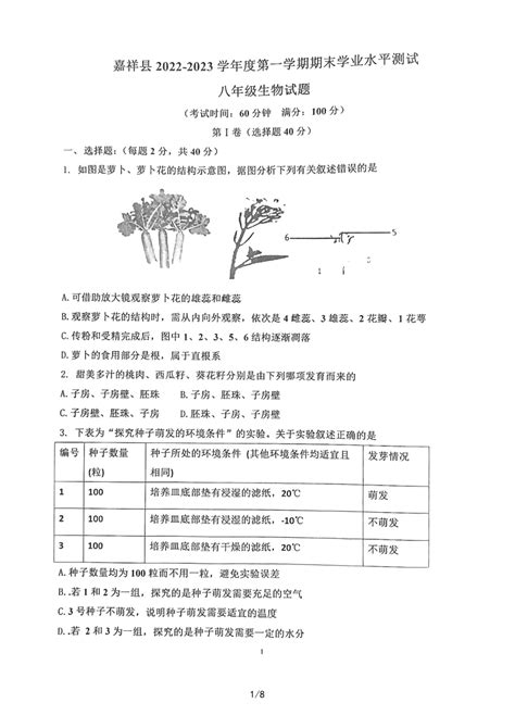 山东省济宁市嘉祥县2022 2023学年八年级上学期期末生物试题（扫描版 无答案） 21世纪教育网