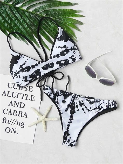 Mixed Print Braided Strap Bikini Set Shein Sheinside