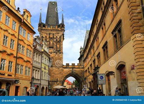 Entrance To Charles Bridge Located In Old Town In Prague Strange Medieval Tower Gothic And