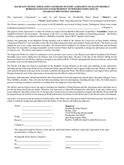 Fillable Online Backflow Testing Application And Right Of Entry Agreement To Fax Email Print