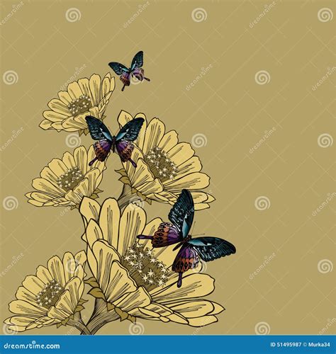 Achtergrond Met Bloemen En Vlinders Hand Trekt Vector IL Vector