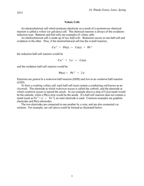 Voltaic cells - worksheets for general chemistry class. - 2014 Voltaic ...