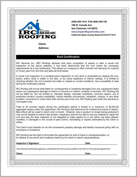 Browse Our Image Of Roofing Certificate Of Completion Template Roof Inspection Certificate Of