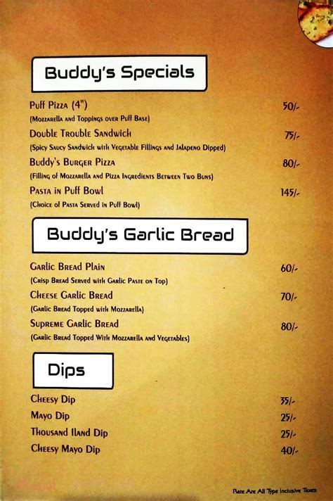 Buddys Pizza Printable Menu