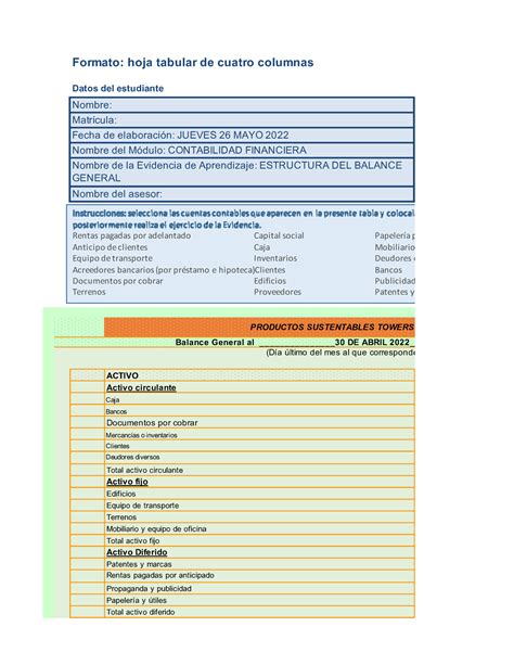 Balance Formato Hoja Tabular De Cuatro Columnas ACTIVO Activo