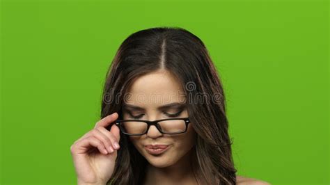 Girl In Glasses Starts To Flirt And Sexually Remove Glasses Green Screen Close Up Stock Video