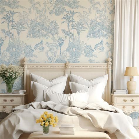 Blue Toile Peel and Stick Wallpaper French Country Farmhouse Style Nursery