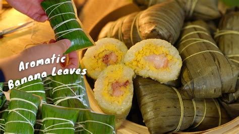 Sticky Rice Cake With Pork And Mung Bean Wrapped In Banana Leaves Youtube