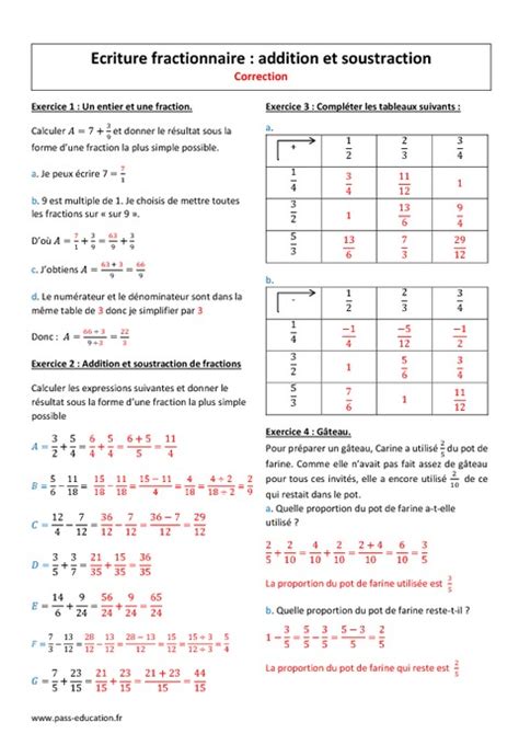 Ecriture Fractionnaire Addition Soustraction Me Exercices