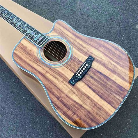 Custom Solid Koa Wood Classic Acoustic Guitar Life Tree Inlay Cutaway Body Abalone Binding With