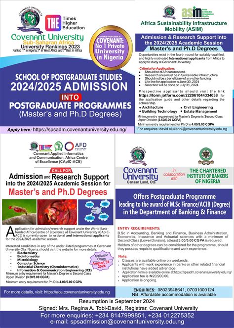 Covenant University Opens Admission into her 2024/2025 Postgraduate