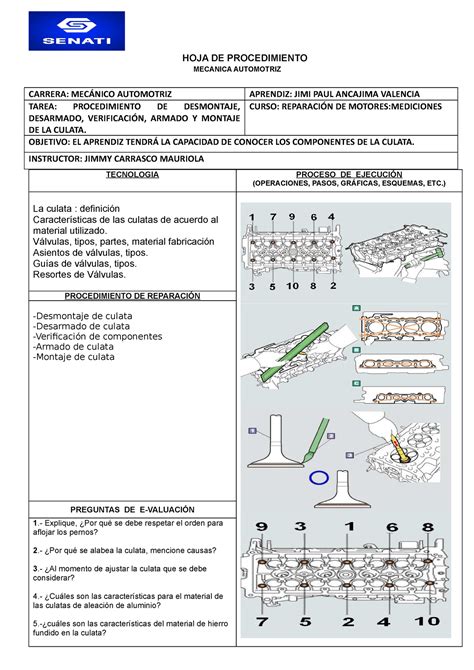 REP Culata Y SUS Componentes Tarea HOJA DE PROCEDIMIENTO MECANICA