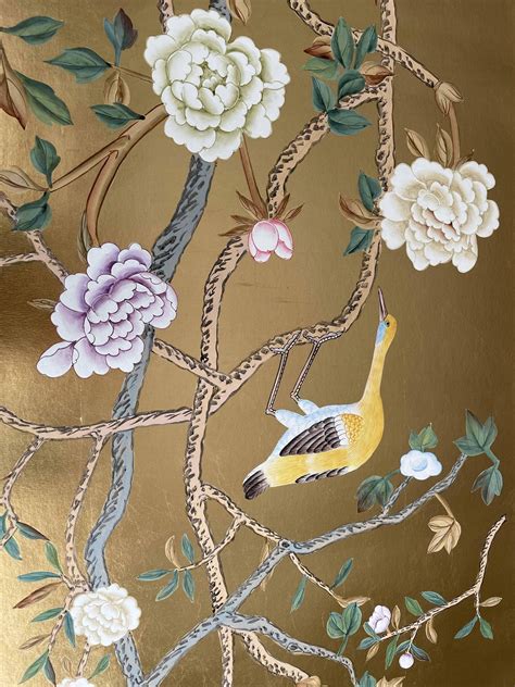 Framed Chinoiserie Hand Painted Wallpaper On Gold Metallic Ec