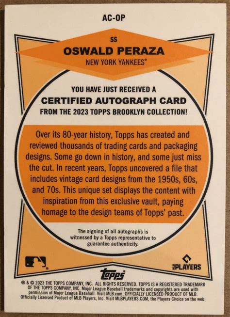 Topps Brooklyn Collection Oswald Peraza Rc Ac Op Auto Black