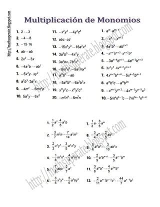 Multiplicaci N De Monomios Y Polinomios Pdf