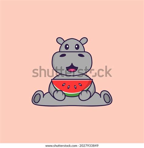 Cute Hippopotamus Eating Watermelon Animal Cartoon Stock Vector ...