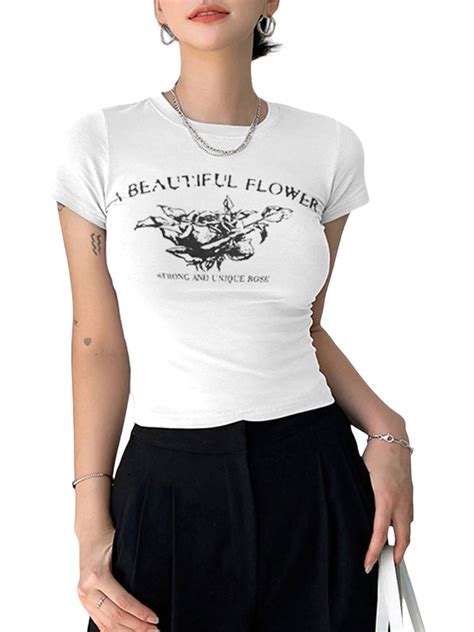 Jyyybf Womens Y2k Print Crop Tops Graphic Summer Short Sleeve Tee T Shirts E Girls Teen Clothes