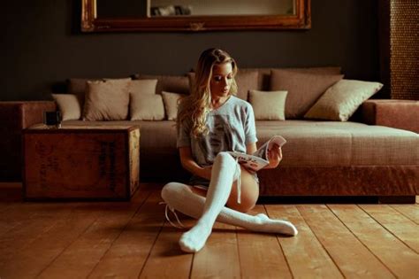 Wallpaper Model Blonde Long Hair Legs Wavy Hair Sitting Socks