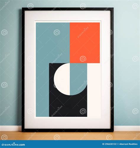 An Abstract Art Print in a Black Frame on a Blue Wall Stock ...