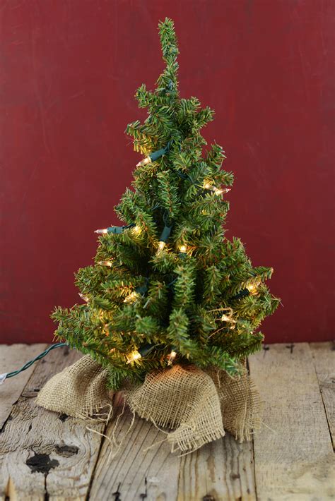 Pre Lit Artificial 18 Inch Pine Tree Burlap Sack Base Tabletop Christmas Tree