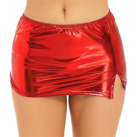 Sexy Women Shiny Wet Look Leather Bodycon Pencil Skirt Split Mini Skirt