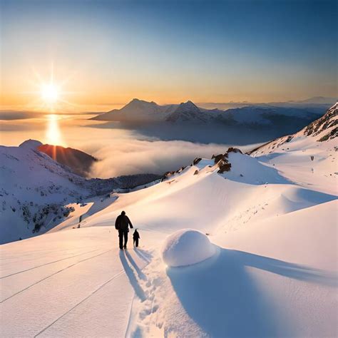 Un hombre y un niño caminan sobre una montaña nevada con el sol