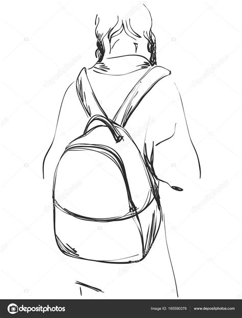 Sketch Of Schoolgirl With Backpack From Back Stock Vector Image By