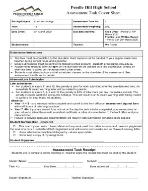 Fillable Online Assessment Task Cover Sheet Pendle Hill High Fax