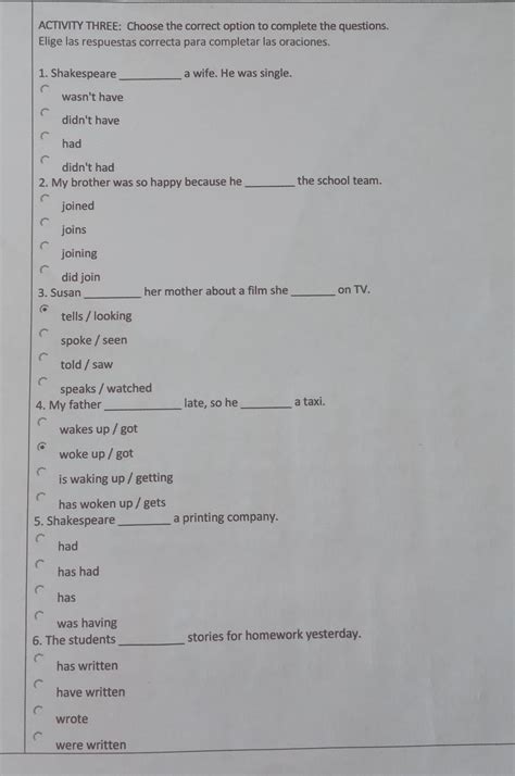 ACTIVITY THREE Choose The Correct Option To Complete The Questions