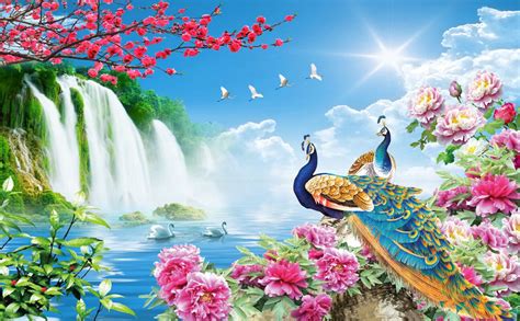 3D Beautiful Peacock And Waterfall | AJ Wallpaper