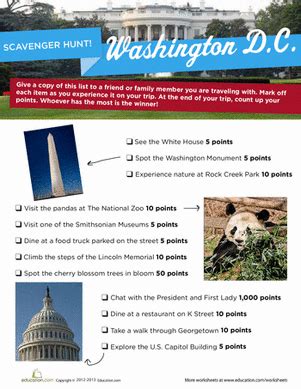 Washington D C Scavenger Hunt Worksheet Education