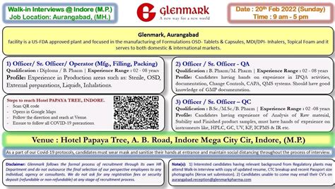 Glenmark Pharma Limited Walk In Interviews For Production Packing QA