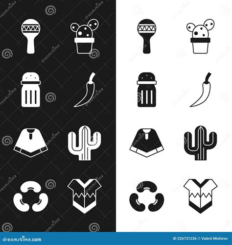 Set Hot Chili Pepper Pod Salt Maracas Cactus Or Succulent In Pot Poncho And Beans Icon