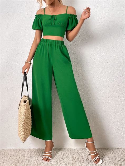 SHEIN Frenchy Cold Shoulder Knot Front Crop Top Wide Leg Pants