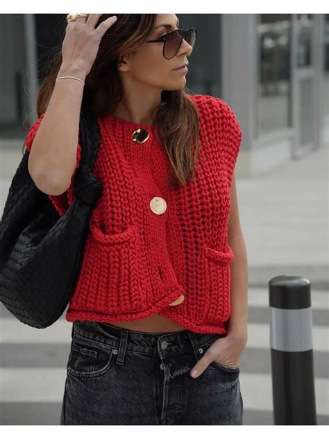 Traf Colete Casual De Malha Vermelho Feminino Su Ter Sem Mangas Gola O