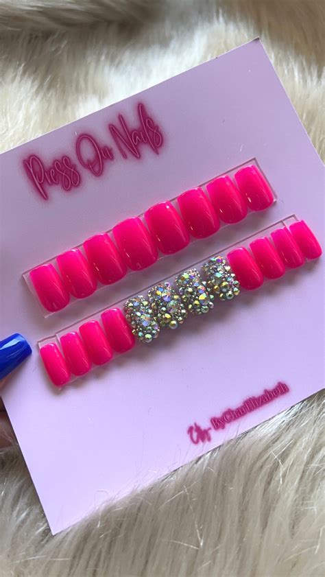 Full Set Of Short Square Pink Press On Nails Pink Rhinestones Summer Nails Shorties Hot