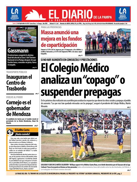 Tapa De El Diario En Papel Lunes De Septiembre De El Diario