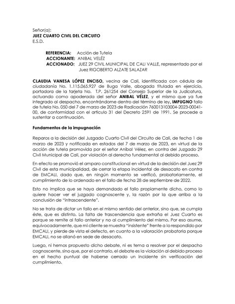 Impugnaci N Juzgado Cuarto Civil Del Circuito Pdf Se Or A Juez