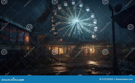 Abandoned Carnival with a Ferris Wheel on a Cloudy Night. Generative Ai Stock Illustration ...