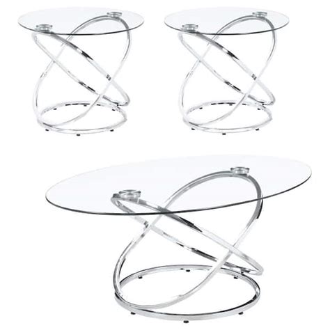 Coaster 3 Piece 475 In Warren Chrome And Clear Oval Glass Top Coffee Table In Occasional Set