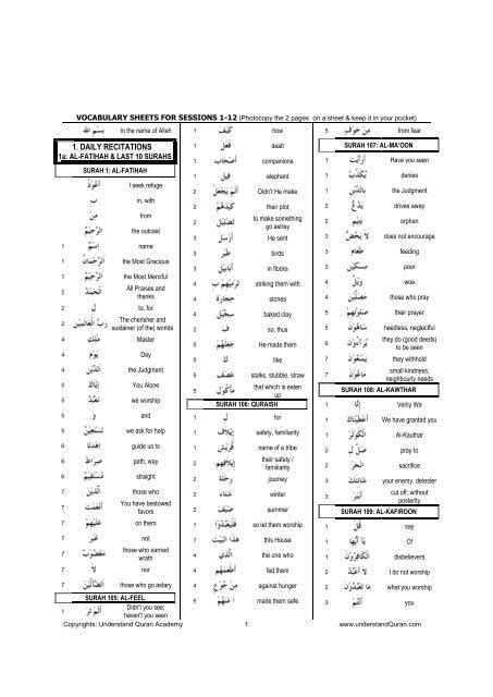 Vocab Sheet Brief Understand Quran