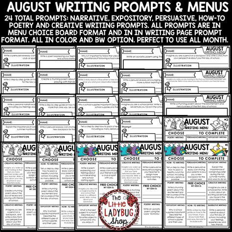 August Writing Prompts Choice Board The Little Ladybug Shop