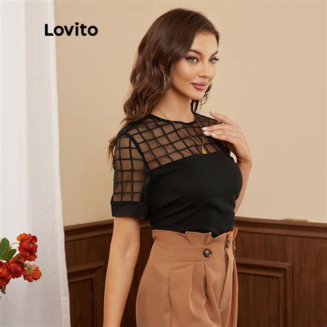 Lovito Blusa Elegante Transparente Malha Contraste Decote Redondo